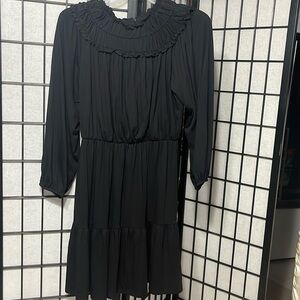 Ann Taylor Ruffle Collar Long Sleeve Flowy Flare Dress In Black Size Med